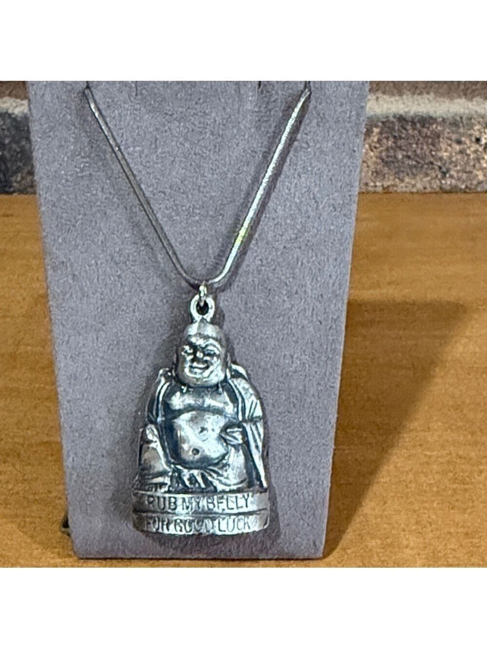 Vintage Buddha “Rub My Belly For Good Luck” silver tone pendant and necklace